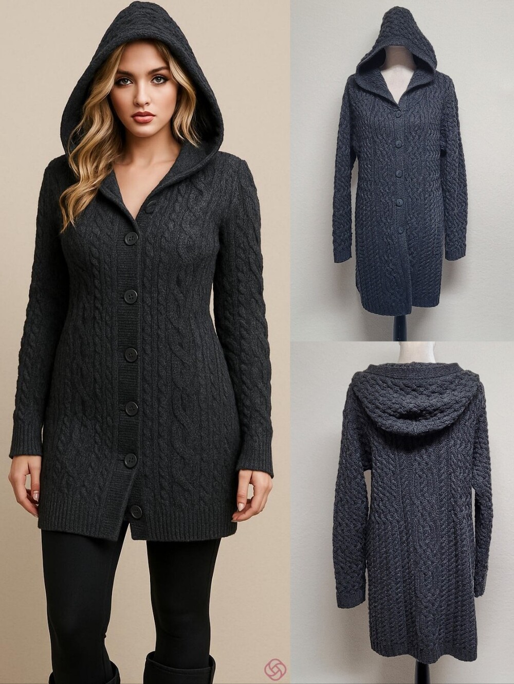 Aran Crafts Celtic Dark Gray Corded Knit Button Up Hooded Long Sleeve Cardigan L